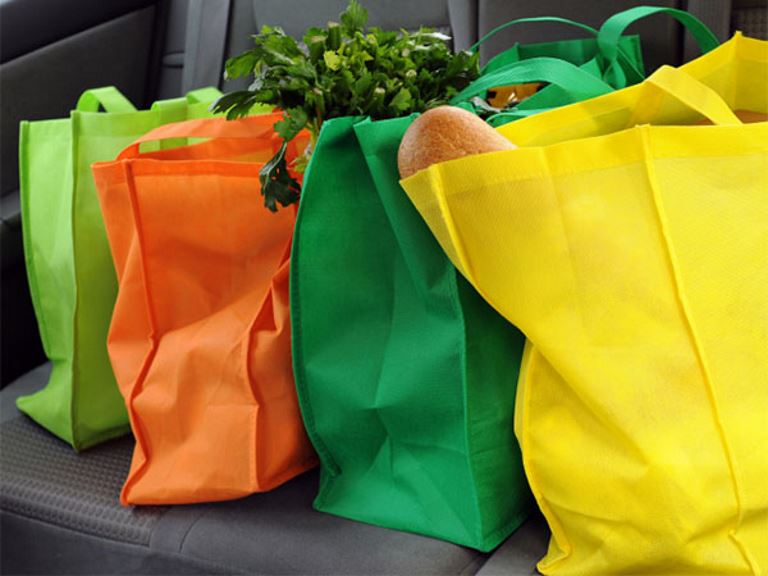 reusable grocery bags on seat of car